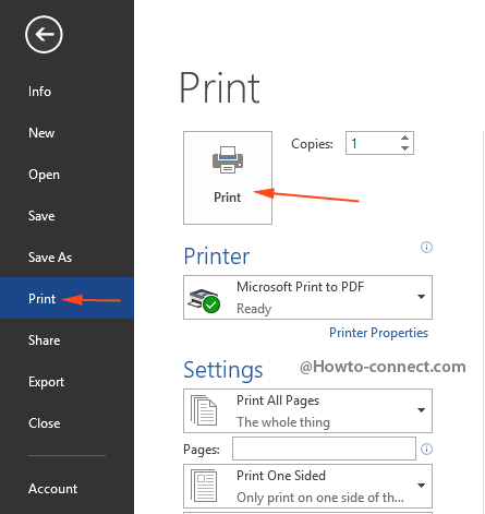 print option on the right left of the word file