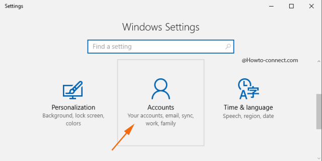 Windows Settings program Accounts block
