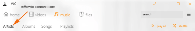 Artists sub-tab VLC app Windows 10