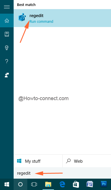 regedit in Windows 10 Cortana bar