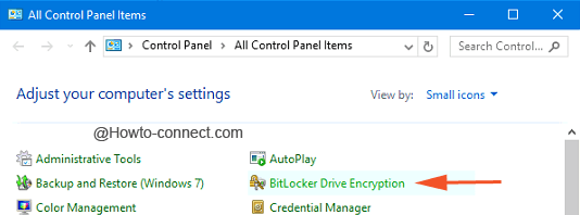Bitlocker drive encryption control panel in small icon view