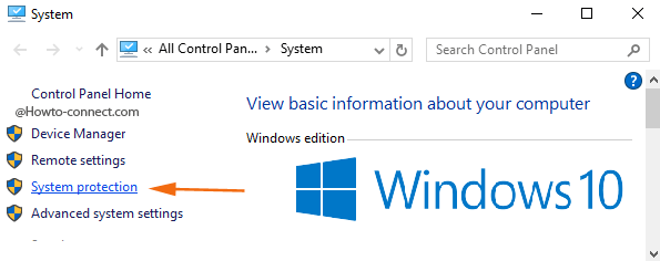 System protection link Windows 10 System