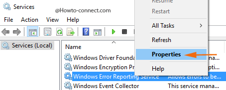 Properties context menu Windows 10 service