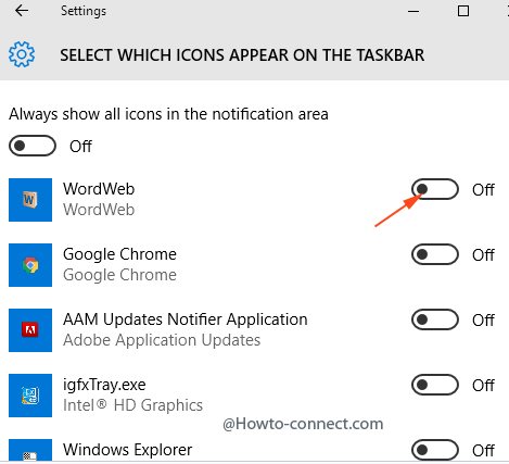 select wchich icons appear on the taskbar window on system settings