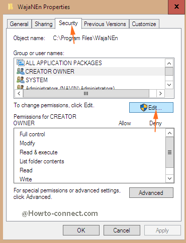 edit button in the security tab of the folder properties