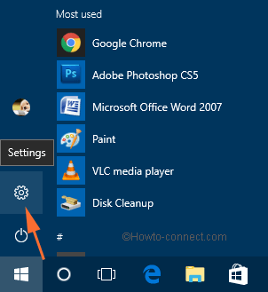 Settings on screen from the Start Menu