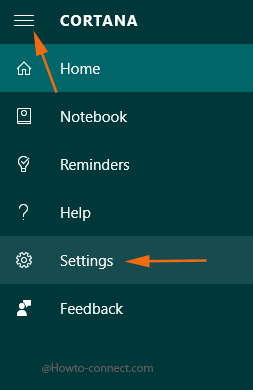 Cortana Hamburger menu Settings option