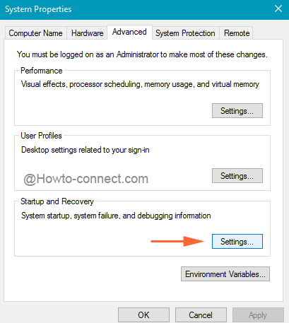 Settings button of Startup and Recovery under System Properties