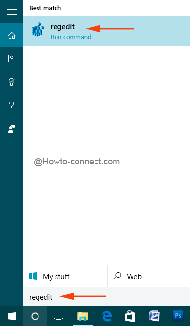regedit on the bar of Cortana search