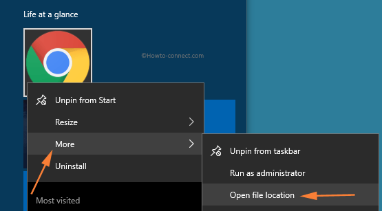 Right click Chrome icon More Open file location