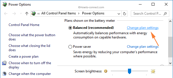 Change plan settings link Power Options