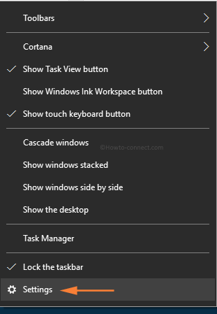 Right click taskbar Settings options