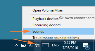 Right click Sounds in taskbar content menu Sounds option