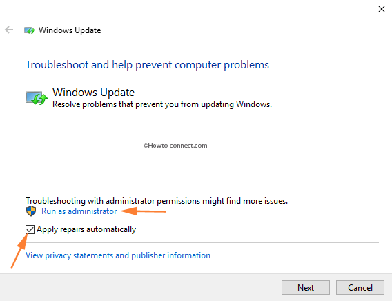 Windows Update Troubleshooter Advanced settings