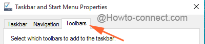 Toolbars tab of Taskbar and Start Menu Properties