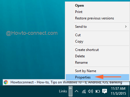 Properties option of dropped web page