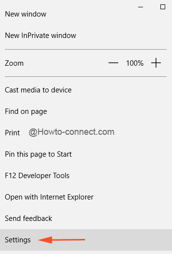 Settings of Edge browser from the arrived bar