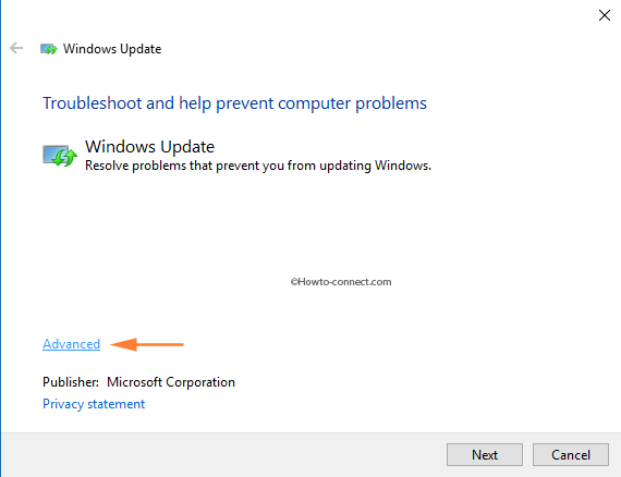 Windows Update Troubleshooter Advanced link