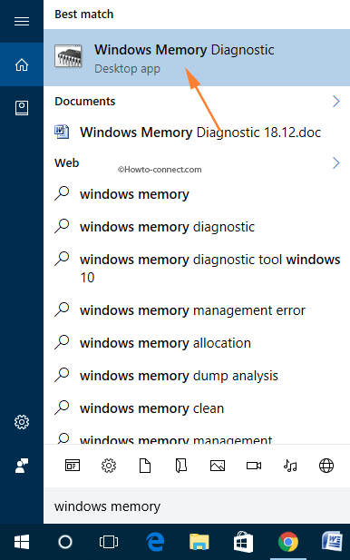 Windows Memory Diagnostic Tool Cortana search