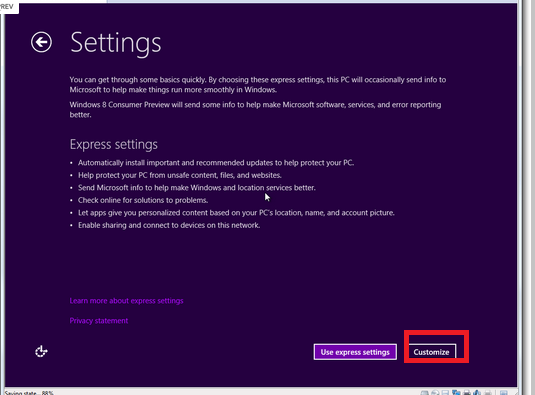 Customize setting in window 8