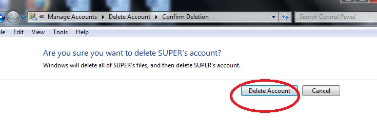 delete account confirm in windows 7