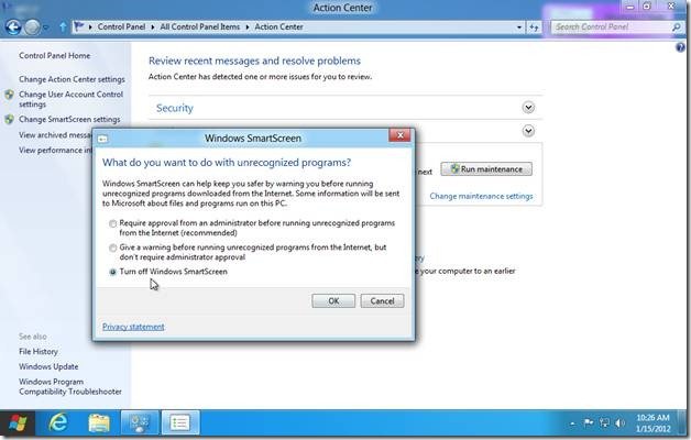 Disable Smart Screen feature in windows 8