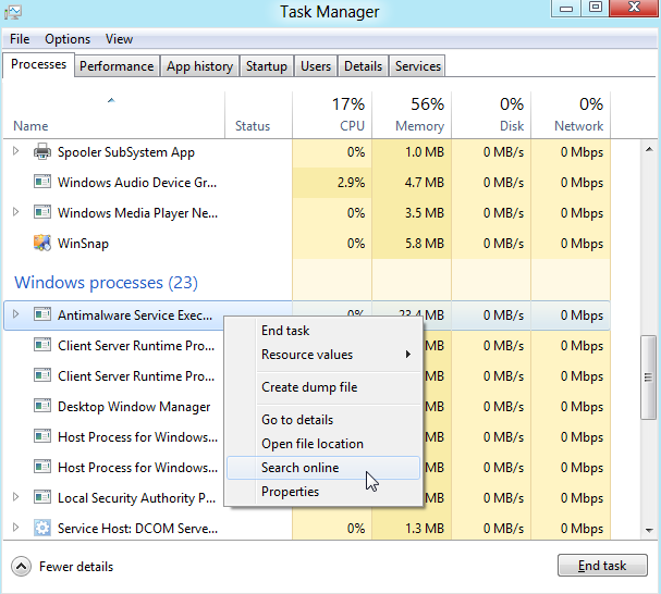windows 8 task manager - process tab