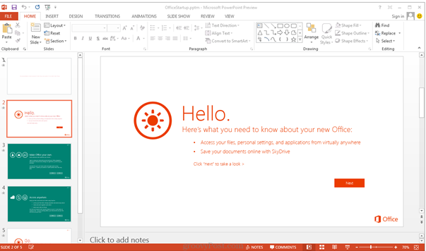 ms office 2013 first screen