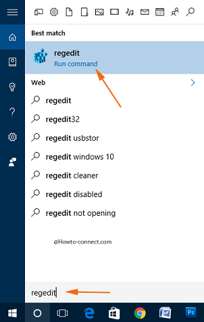 Cortana search regedit command