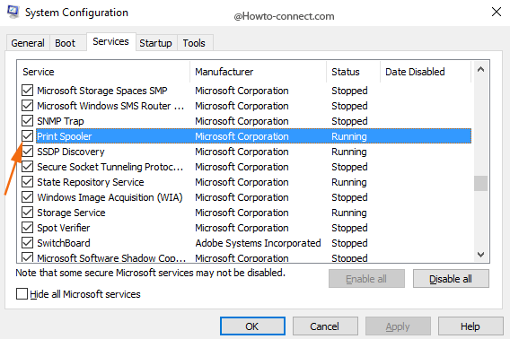 Print Spooler Services tab System Configuration