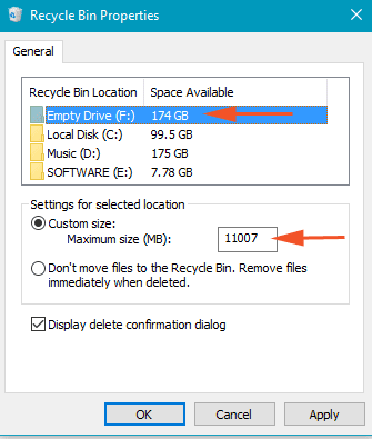 Custom size of the selected partition