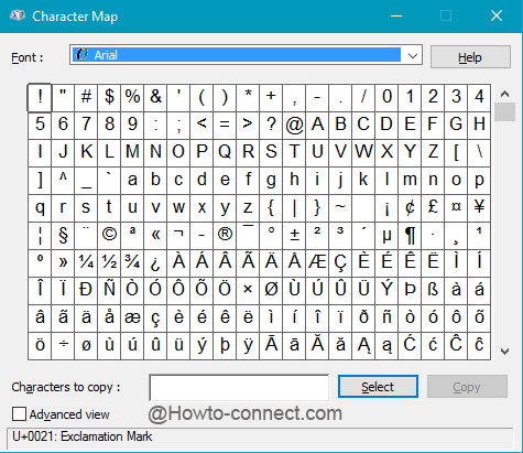 Character Map listing all the special characters