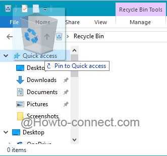 Drag and drop Recycle Bin icon to Pin Recycle Bin to Quick Access in Navigation Pane Windows 10
