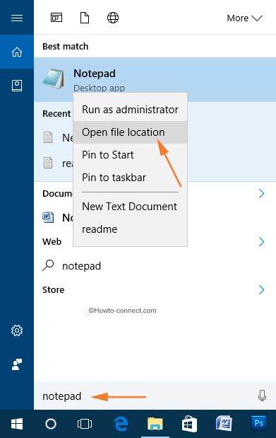 Cortana Notepad right click Open file location