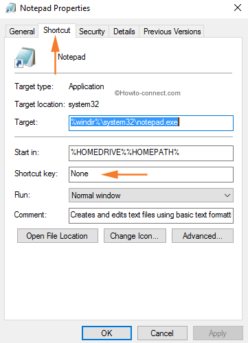 Notepad Properties Shortcut tab Shortcut key option