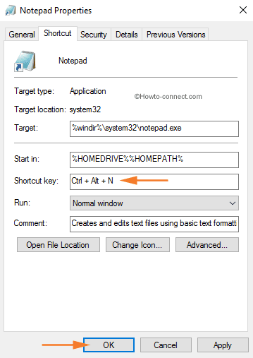 Create Keyboard Shortcut to Notepad in Windows 10