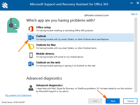 Select Outlook app Next button under which app are you having problem with