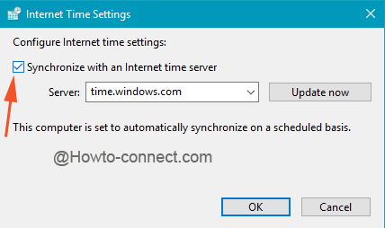 Sync with an Internet time server checkbox