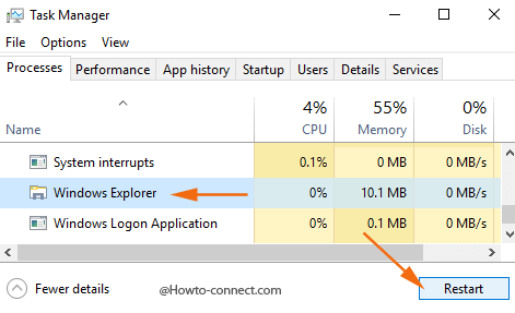 Windows Explorer Processes tab Restart button task manager