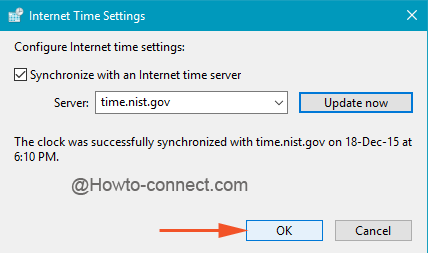 Ok button after the clock to Enable Internet Time in Windows 10