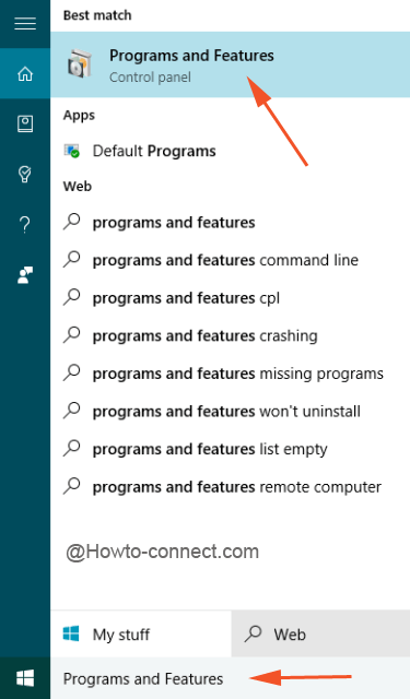 Cortana showing the result of Programs and Features