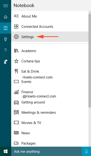 Settings of Cortana under Notebook