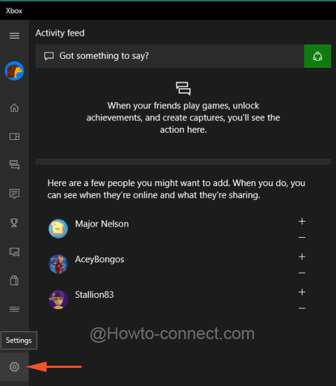 Settings symbol listed on the left column of Xbox app