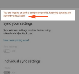 Temporary profile note displayed on Sync your settings