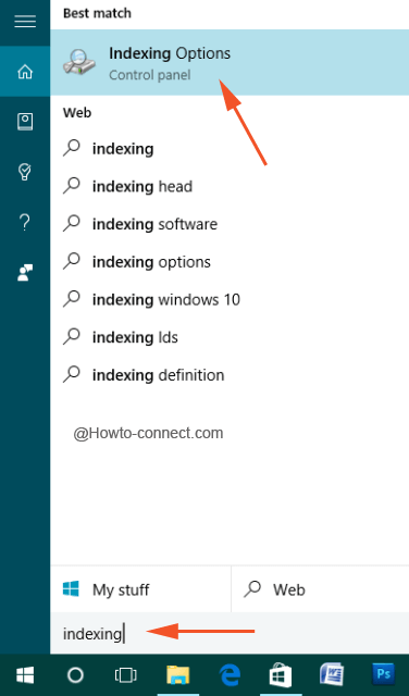 Indexing Options under Best match of Cortana