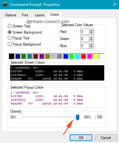 Opacity slider in Colors tab of Command Prompt Properties to Make Command Prompt Transparent on Windows 10