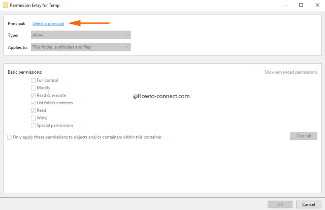 Select a principal link Permission Entry for Temp