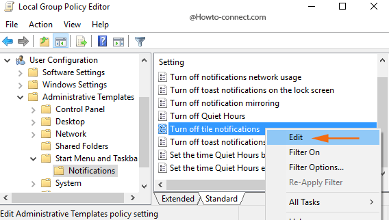Right click Turn off tile notifications Edit option