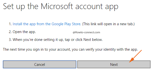 Next button after installing Microsoft account app on mobile
