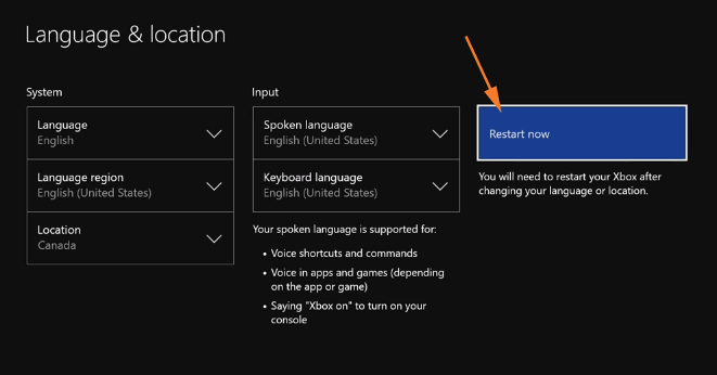 Xbox One Restart now button